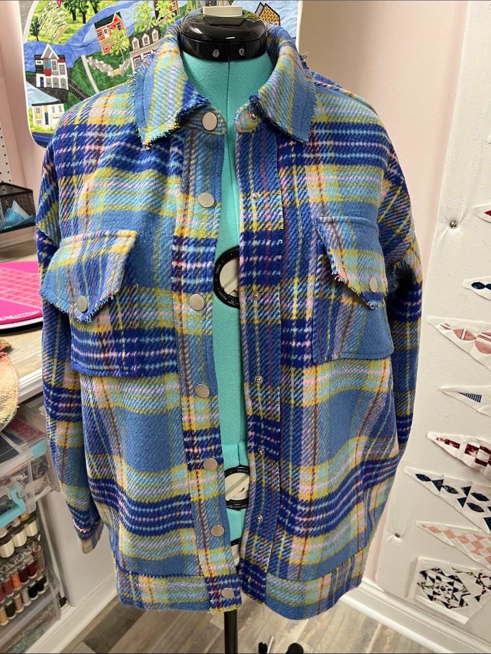 LA MIEL Blue Plaid Utility Shacket